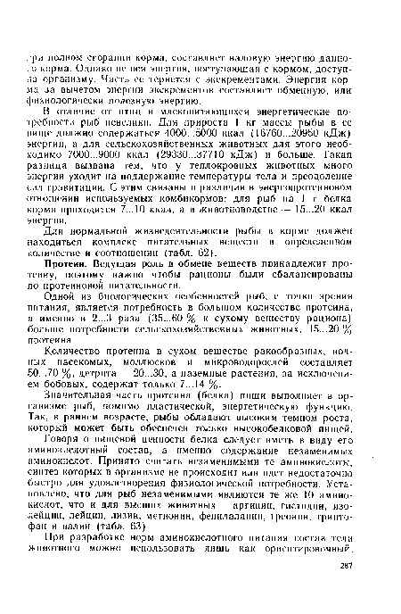 В отличие от птиц и млекопитающихся энергетические потребности рыб невелики. Для прироста 1 кг массы рыбы в ее пище должно содержаться 4000...5000 ккал (16760...20950 кДж) энергии, а для сельскохозяйственных животных для этого необходимо 7000...9000 ккал (29330...37710 кДж) и больше. Такая разница вызвана тем, что у теплокровных животных много энергии уходит на поддержание температуры тела и преодоление сил гравитации. С этим связаны и различия в энергопротеиновом отношении используемых комбикормов: для рыб на 1 г белка корма приходится 7... 10 ккал, а в животноводстве — 15...20 ккал энергии.