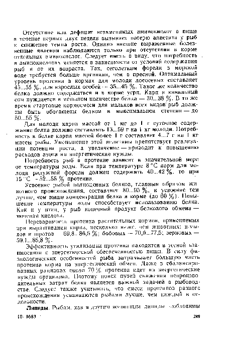 Эффективность утилизации протеина находится в тесной взаимосвязи с энергетической обеспеченностью пищи. В силу физиологических особенностей рыба затрачивает большую часть протеина корма на энергетический обмен. Даже в сбалансированных рационах около 70 % протеина идет на энергетические нужды организма. Поэтому поиск путей снижения непроизводительных затрат белка является важной задачей в рыбоводстве. Следует также учитывать, что смеси протеинов разного происхождения усваиваются рыбами лучше, чем каждый в отдельности.
