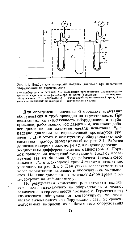 Для определения значения в проводят испытания оборудования и трубопроводов на герметичность. При испытаниях на герметичность оборудования и трубопроводов, работающих под давлением, измеряют рабочее давление или давление начала испытания Рв и падение давления за определенный промежуток времени т. Для этого к испытуемому оборудованию подсоединяют прибор, изображенный на рис. 3.1. Рабочее давление измеряют манометром 2, а падение давления— жидкостным дифференциальным манометром 4. Порядок проведения измерений следующий. Подают исследуемый газ из баллона 5 до рабочего (начального) давления Р„, и трехходовой кран 3 ставят в положение, указанное на рис. 3.1, б. При утечке исследуемого газа через неплотности давление в оборудовании уменьшается. Падение давления на величину АР за время т регистрируют по дифманометру.