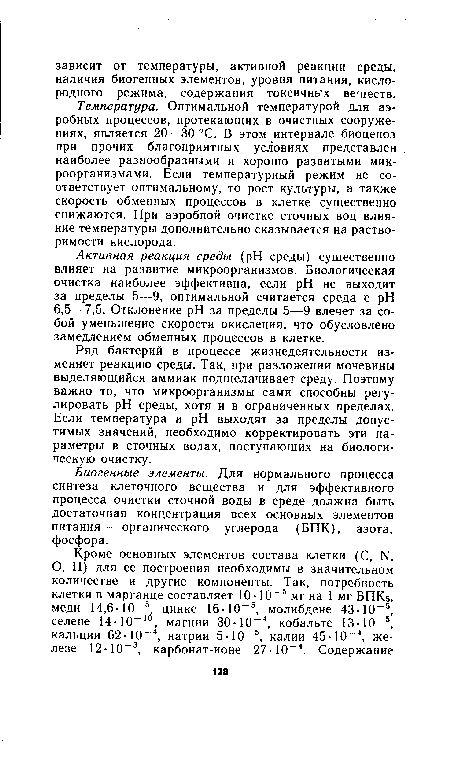 Активная реакция среды (pH среды) существенно влияет на развитие микроорганизмов. Биологическая очистка наиболее эффективна, если pH не выходит за пределы 5—9, оптимальной считается среда с pH 6,5—7,5. Отклонение pH за пределы 5—9 влечет за собой уменьшение скорости окисления, что обусловлено замедлением обменных процессов в клетке.