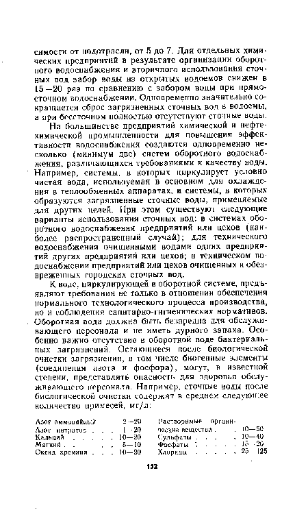 На большинстве предприятий химической и нефтехимической промышленности для повышения эффективности водоснабжения создаются одновременно несколько (минимум две) систем оборотного водоснабжения, различающихся требованиями к качеству воды. Например, системы, в которых циркулирует условно чистая вода, используемая в основном для охлаждения в теплообменных аппаратах, и системы, в которых образуются загрязненные сточные воды, применяемые для других целей. При этом существуют следующие варианты использования сточных вод: в системах оборотного водоснабжения предприятий или цехов (наиболее распространенный случай); для технического водоснабжения очищенными водами одних предприятий других предприятий или цехов; в техническом водоснабжении предприятий или цехов очищенных и обезвреженных городских сточных вод.