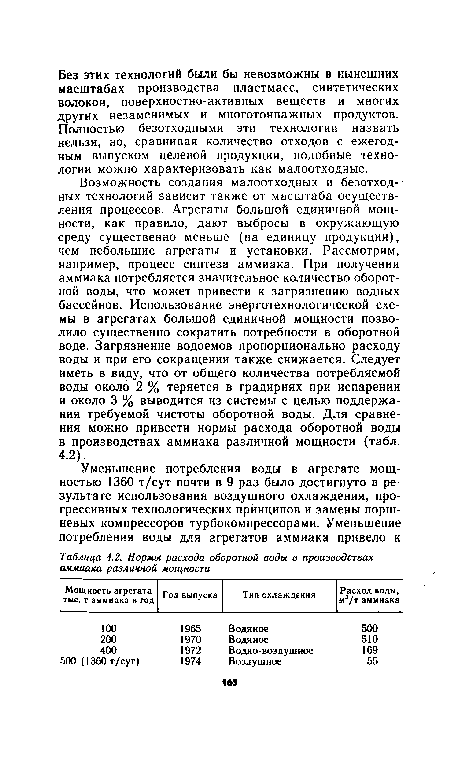 Возможность создания малоотходных и безотход- • ных технологий зависит также от масштаба осуществления процессов. Агрегаты большой единичной мощности, как правило, дают выбросы в окружающую среду существенно меньше (на единицу продукции), чем небольшие агрегаты и установки. Рассмотрим, например, процесс синтеза аммиака. При получении аммиака потребляется значительное количество оборотной воды, что может привести к загрязнению водных бассейнов. Использование энерготехнологической схемы в агрегатах большой единичной мощности позволило существенно сократить потребности в оборотной воде. Загрязнение водоемов пропорционально расходу воды и при его сокращении также снижается. Следует иметь в виду, что от общего количества потребляемой воды около 2 % теряется в градирнях при испарении и около 3 % выводится из системы с целью поддержания требуемой чистоты оборотной воды. Для сравнения можно привести нормы расхода оборотной воды в производствах аммиака различной мощности (табл.