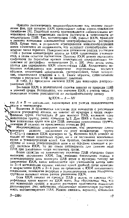 В табл. 1.1 приведены значения ККМ для некоторых распространенных ПАВ.