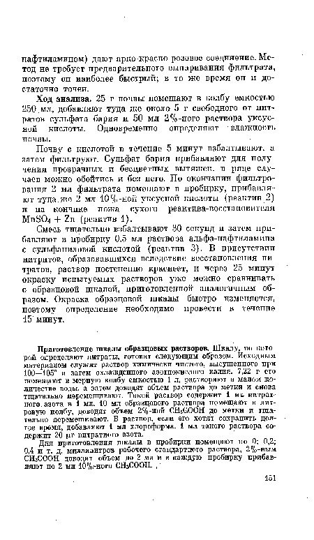 Приготовление шкалы образцовых растворов. Шкалу, по которой определяют нитраты, готовят следующим образом. Исходным материалом служит раствор химически чистого, высушенного при 100—105° и затем охлажденного азотнокислого калия. 7,22 г его помещают в мерную колбу емкостью 1 л, растворяют в малом количестве воды, а затем доводят объем раствора до метки и снова тщательно перемешивают. Такой раствор содержит 1 мь нитратного азота в 1 мл. 10 мл образцового раствора помещают в литровую колбу, доводят объем 2%-ной СНзСООН до метки и тщательно перемешивают. В раствор, если его хотят сохранить долгое время, добавляют 1 мл хлороформа. 1 мл такого раствора содержит 20 рг нитратного азота.