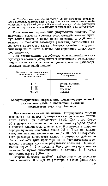 Извлечение аммиака из почвы. Поглощенный аммиак извлекают из почвы 1,0-нормальным раствором хлористого калия при соотношении 1: 10. Для этого берут 20 г почвы из тщательно перемешанной средней пробы с полевой влажностью и переносят без потерь в широко-горлую бутылку емкостью около 0,5 л. Туда же приливают при помощи мерного цилиндра 100 мл 1,0-нормаль-ного раствора хлористого калия, к которому добавлено 0,5 мл толуола (для предотвращения биологических процессов, могущих исказить результаты анализа). Одновременно берут 5—7 г почвы в бюкс для определения ее влажности путем высушивания в течение 6—8 часов при температуре 100—105°.