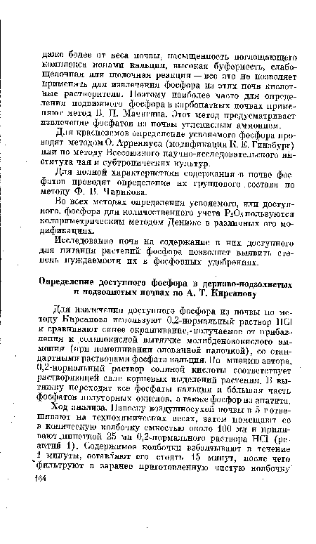 Во всех методах определения усвояемого, или доступного, фосфора для количественного учета Р2О5 пользуются колориметрическим методом Дениже в различных его модификациях.