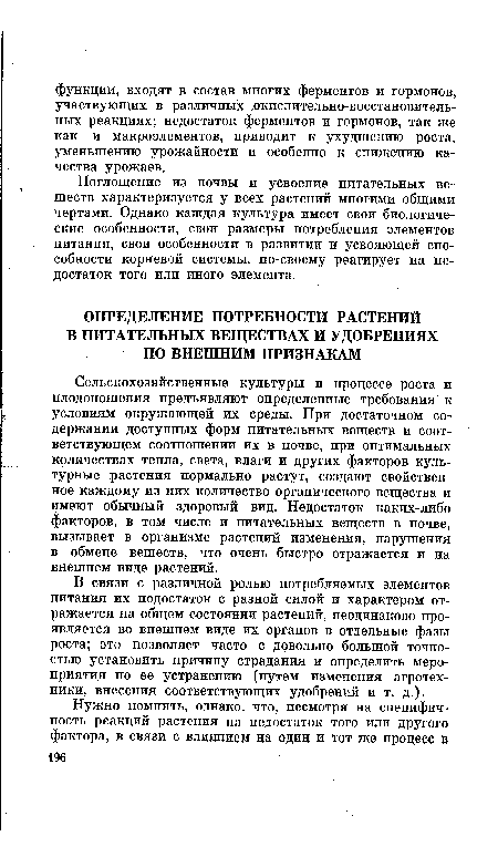 Сельскохозяйственные культуры в процессе роста и плодоношения предъявляют определенные требования к условиям окружающей их среды. При достаточном содержании доступных форм питательных веществ и соответствующем соотношении их в почве, при оптимальных количествах тепла, света, влаги и других факторов культурные растения нормально растут, создают свойственное каждому из них количество органического вещества и имеют обычный здоровый вид. Недостаток каких-либо факторов, в том числе и питательных веществ в почве, вызывает в организме растений изменения, нарушения в обмене веществ, что очень быстро отражается и на внешнем виде растений.