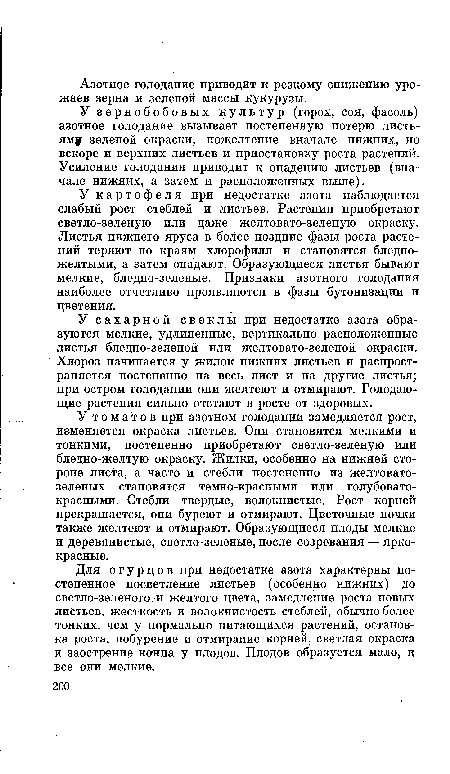 У картофеля при недостатке азота наблюдается слабый рост стеблей и листьев. Растения приобретают светло-зеленую или даже желтовато-зеленую окраску. Листья нижнего яруса в более поздние фазы роста растений теряют по краям хлорофилл и становятся бледно-желтыми, а затем опадают. Образующиеся листья бывают мелкие, бледно-зеленые. Признаки азотного голодания наиболее отчетливо проявляются в фазы бутонизации и цветения.