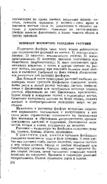 Для большей части культурных растений наиболее характерны такие признаки фосфорного голодания: замедление роста и малый размер молодых листьев, темно-зеленая с фиолетовым или голубоватым оттенком окраска листьев, образование на них фиолетовых, красноватых, бурых пятен и отмирание тканей в пораженных местах. Симптомы появляются вначале на более старых, нижних листьях и распространяются постепенно вверх по .растению.