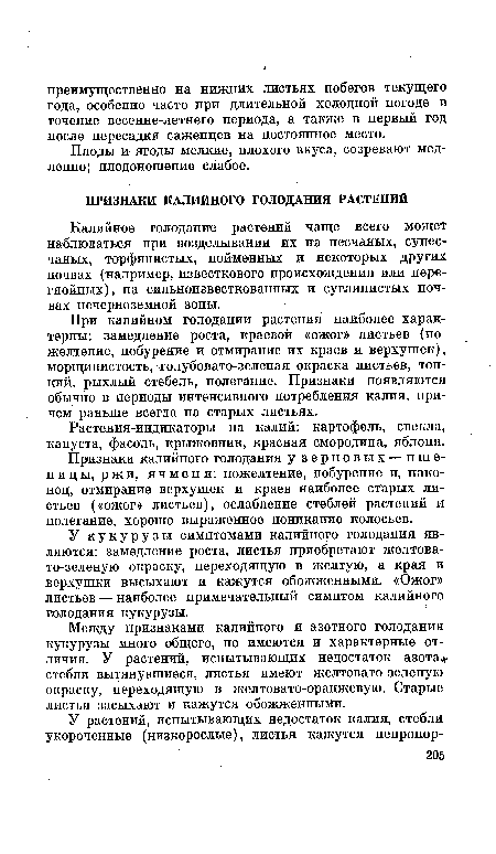 У кукурузы симптомами калийного голодания являются: замедление роста, листья приобретают желтовато-зеленую окраску, переходящую в желтую, а края и верхушки высыхают и кажутся обожженными. «Ожог» листьев — наиболее примечательный симптом калийного голодания кукурузы.