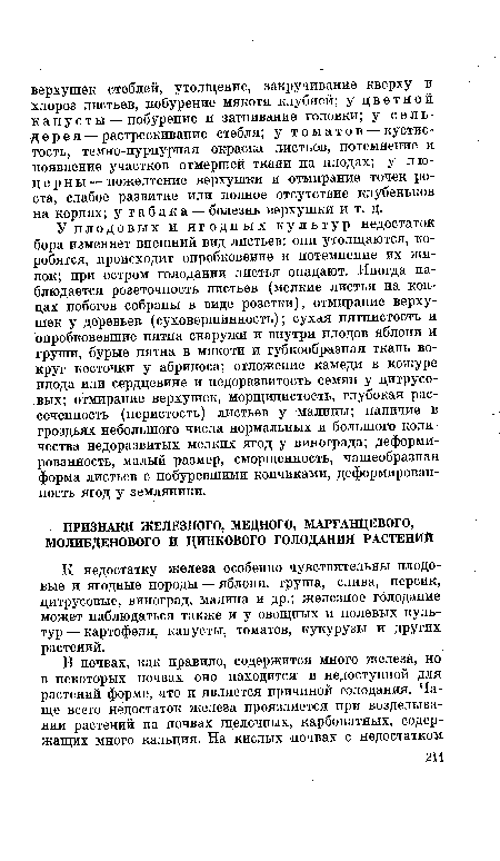 К недостатку железа особенно чувствительны плодовые и ягодные породы — яблоня, груша, слива, персик, цитрусовые, виноград, малина и др.; железное голодание может наблюдаться также и у овощных и полевых культур — картофеля, капусты, томатов, кукурузы и других растений.