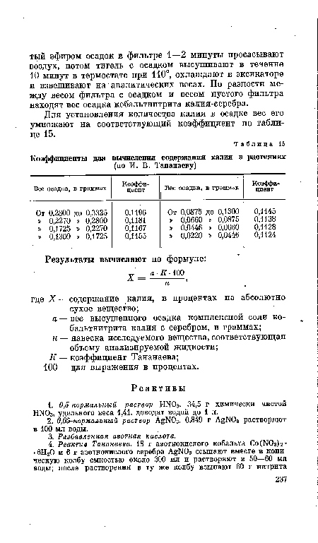 Для установления количества калия в осадке вес его умножают на соответствующий коэффициент по таблице 15.