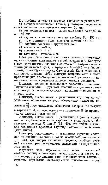 Контуры, относящиеся к различным группам солонцов по глубине залегания карбонатов (или гипса), обозначают индексом К или Г (35—40), где цифры в скобках указывают среднюю глубину залегания карбонатов (или гипса).