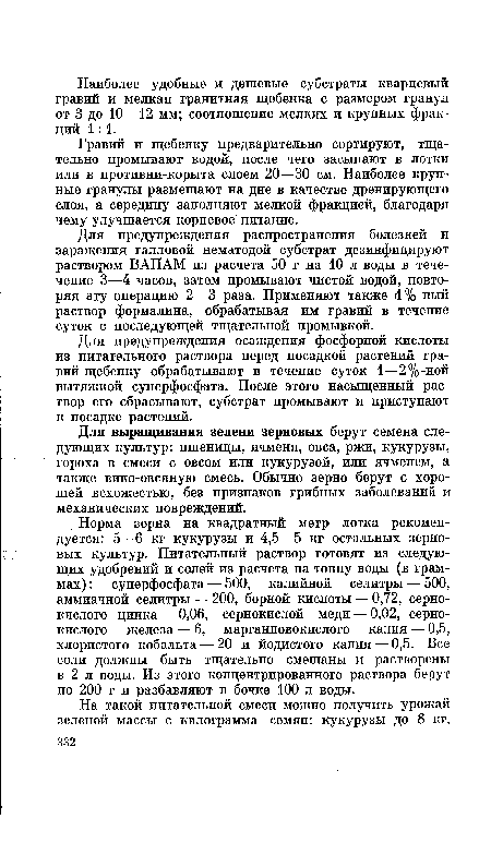 Норма зерна на квадратный метр лотка рекомендуется: 5—6 кг кукурузы и 4,5—5 кг остальных зерновых культур. Питательный раствор готовят из следующих удобрений и солей из расчета на тонну воды (в граммах) : суперфосфата — 500, калийной селитры — 500, аммиачной селитры — 200, борной кислоты — 0,72, сернокислого цинка — 0,06, сернокислой меди — 0,02, сернокислого железа — 6, марганцовокислого калия — 0,5, хлористого кобальта — 20 и йодистого калия — 0,5. Все соли должны быть тщательно смешаны и растворены в 2 л воды. Из этого концентрированного раствора берут по 200 г и разбавляют в бочке 100 л воды.