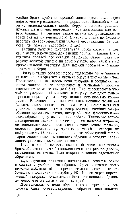 При изучении динамики питательных веществ почвы в опытах с удобрениями образцы берут в течение всего времени наблюдений на предварительно выделенных небольших площадках на глубину 60—100 см через определенный интервал. Желательно брать смешанные образцы не менее чем из пяти отдельных проб.