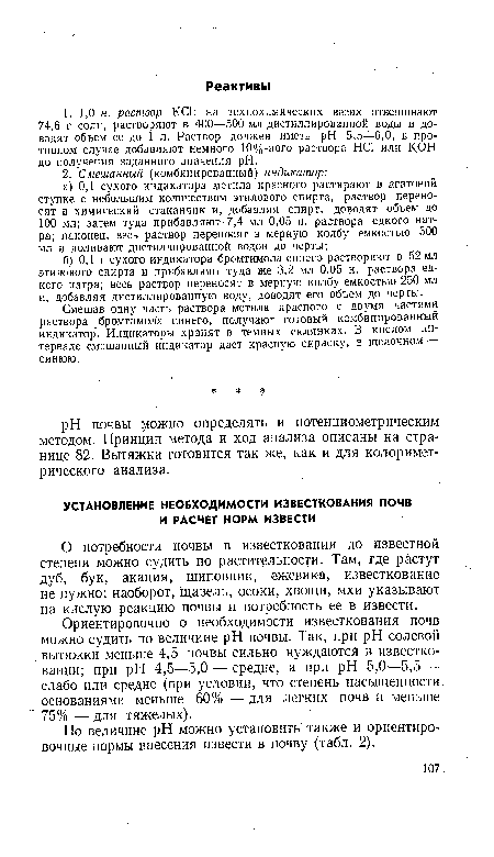 Ориентировочно о необходимости известкования почв можно судить по величине pH почвы. Так, при pH солевой вытяжки меньше 4,5 почвы сильно нуждаются в известковании; при pH 4,5—5,0 — средне, а при pH 5,0—5,5 — слабо или средне (при условии, что степень насыщенности основаниями меньше 60% — для легких почв и меньше 75% — для тяжелых).