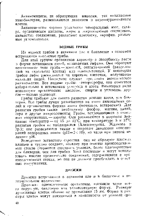 Для этой группы организмов характерна способность расти в форме ветвящихся нитей, называемых гифами. Они образуют вегетативное тело гриба — мицелий, септированный (разделенный на отдельные клетки) или одноклеточный. У некоторых грибов гифы распадаются на короткие клеточки, получившие названия оидий. Последние служат средством вегетативного размножения. Все водные грибы — гетеротрофы, они относятся избирательно к источникам углерода и азота. Некоторые виды используют органические кислоты, спирты и углеводы, другие — только углеводы.