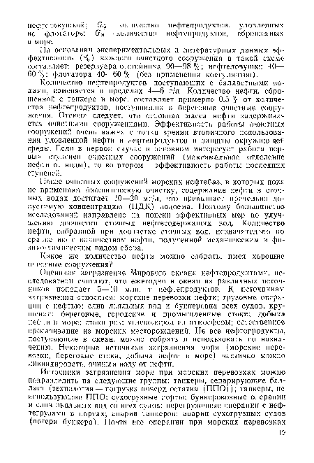 Количество нефтепродуктов, поступающих с балластными водами, изменяется в пределах 4—6 г/л. Количество нефти, сброшенной с танкера в море, составляет примерно 0,5 % от количества нефтепродуктов, поступивших в береговые очистные сооружения. Отсюда следует, что основная масса нефти задержива -ется очистными сооружениями. Эффективность работы очистных сооружений очень важна с точки зрения вторичного использования уловленной нефти и нефтепродуктов и защиты окружающей среды. Если в первом случае в основном интересует работа первых ступеней очистных сооружений (максимальное отделение нефти от воды), то во втором — эффективность работы последних ступеней.