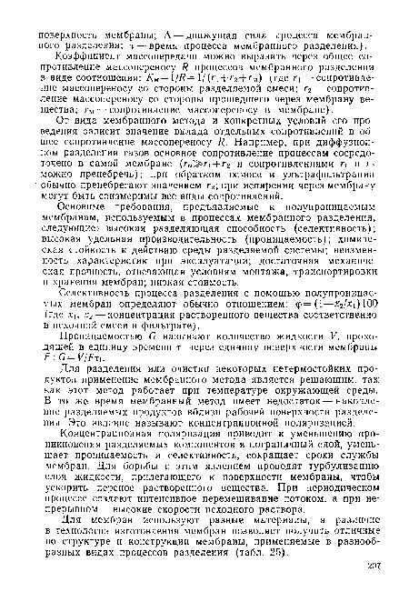 Для мембран используют разные материалы, а различие в технологии изготовления мембран позволяет получить отличные по структуре и конструкции мембраны, применяемые в разнообразных видах процессов разделения (табл. 25).