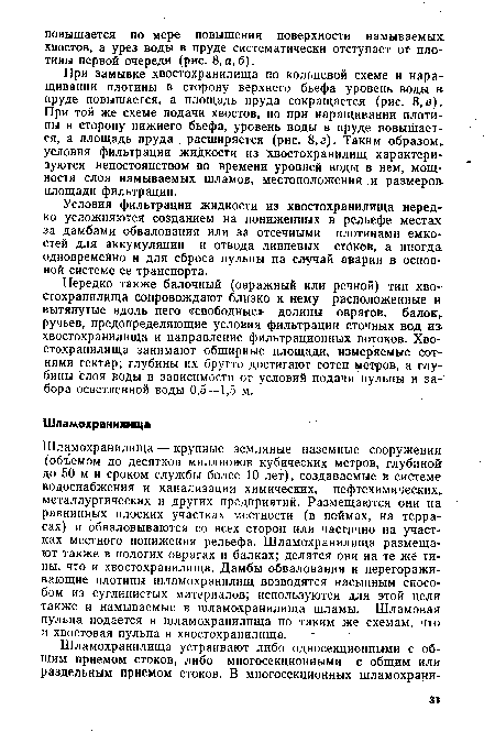 Нередко также балочный (овражный или речной) тип хвостохранилища сопровождают близко к нему расположенные и вытянутые вдоль него «свободные» долины оврагов, балок, ручьев, предопределяющие условия фильтрации сточных вод из. хвостохранилища и направление фильтрационных потоков. Хвостохранилища занимают обширные площади, измеряемые сотнями гектар; глубины их брутто достигают сотен метров, а глубины слоя воды в зависимости от условий подачи пульпы и забора осветленной воды 0,5—1,5 м.