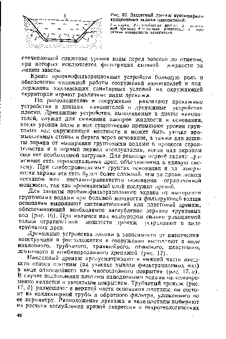 Кроме противофильтрационных устройств большую роль в обеспечении надежной работы сооружений накопителей и поддержании надлежащих санитарных условий на окружающей территории играют различные виды дренажа.