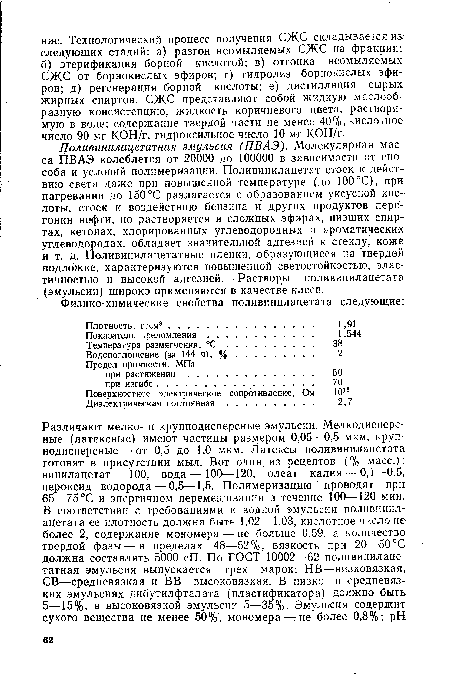 Поливинилацетатная эмульсия (ПВАЭ). Молекулярная масса ПВАЭ колеблется от 20000 до 100000 в зависимости от способа и условий полимеризации. Поливинилацетат стоек к действию света даже при повышенной температуре (до 100 °С), при нагревании до 150°С разлагается с образованием уксусной кислоты, стоек к воздействию бензина и других продуктов перегонки нефти, но растворяется в сложных эфирах, низших спиртах, кетонах, хлорированных углеводородных и ароматических: углеводородах, обладает значительной адгезией к стеклу, коже и т. д. Поливинилацетатные пленки, образующиеся на твердой подложке, характеризуются повышенной светостойкостью, эластичностью и высокой адгезией. Растворы поливинилацетата (эмульсии) широко применяются в качестве клеев.