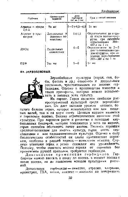 На горохе. Горох является наиболее рас-пространенной культурой среди зернобобовых. Он дает высокие урожаи ценного, богатого белком зерна, которое используется как для пищевых целей, так и на корм скоту. Ценным кормом является и гороховая Солома. Велико агротехническое значение этой культуры. При хорошем росте и развитии с помощью клубеньковых бактерий, которые поселяются у него на корнях, горох способен обогащать почву азотом. Являясь хорошим предшественником для многих культур, горох очень перспективен и как парозанимающая культура. Однако в силу биологических особенностей он слабо противостоит сорнякам, особенно в ранний период — появления всходов. Сорняки угнетают горох и резко снижают его урожайность. Поэтому, чтобы очистить посевы гороха от сорняков без применения ручной прополки, требуются гербициды.