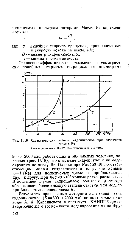 Характеристика работы гидроциклонов при различных