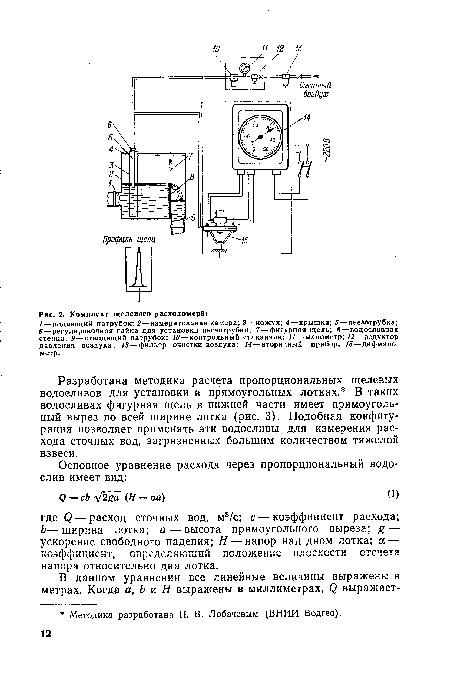 Разработана методика расчета пропорциональных щелевых водоеливов для установки в прямоугольных лотках. В таких водосливах фигурная щель в нижней части имеет прямоугольный вырез по всей ширине лотка (рис. 3). Подобная конфигурация позволяет применять эти водосливы для измерения расхода сточных вод, загрязненных большим количеством тяжелой взвеси.