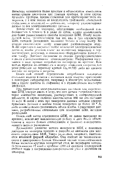 Дальнейшее развитие метода измерения БПК с помощью датчиков на кислород привело к разработке автомата для массового определения БПК. Такая установка, например, выпускается японской фирмой «Хариба». Она состоит из технологического и электронного блоков. Основной частью технологического блока является круглый поворотный стол, по периферии которого установлено 12 колб с пробами (200 мл каждая) исследуемой сточной воды и операционно-измерительный узел с датчиком на кислород.