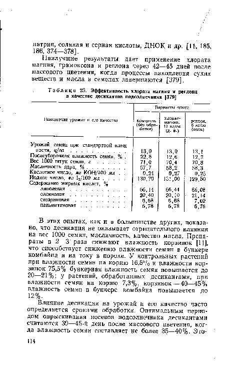 Наилучшие результаты дает применение хлората магния, грамоксона и реглона через 42—45 дней после массового цветения, когда процессы накопления сухих веществ и масла в семенах завершаются [379].