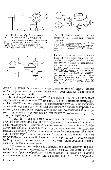 Схема обработки активного ила и очистки сточной жидкости / — подача сточной жидкости на аэротен-ки; 2 — аэротенки; 3 — вторичные отстойники; 4 — очищенная жидкость; 5 — центрифуги; 6 —- кек на термообработку; 7 — циркулирующий активный ил; 8 — фугат