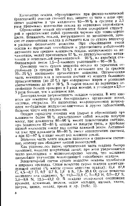 Сброженные осадки отличаются более однородной структурой и представляют собой суспензии черного или темно-серого цвета. Влажность осадка, выгружаемого из метантенков, зависит от соотношения осадка и активного ила по сухому веществу и распада беззольного вещества. При сбраживании смеси осадка из первичных отстойников и уплотненного избыточного активного ила средняя влажность осадка, выгружаемого из метантенков, может приниматься 97 %, из двухступенчатых метантенков и осветлителей-перегнивателей — 93%, из аэробных стабилизаторов после 1,5—5-часового уплотнения — 95—98 %.