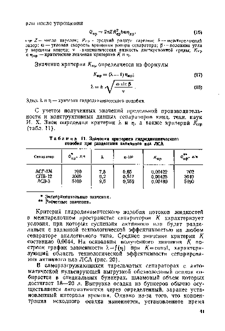 С учетом полученных значений предельной производительности и конструктивных данных сепараторов канд. техн. наук И. X. Заен определил критерии X и т), а также критерий ККр (табл. 11).