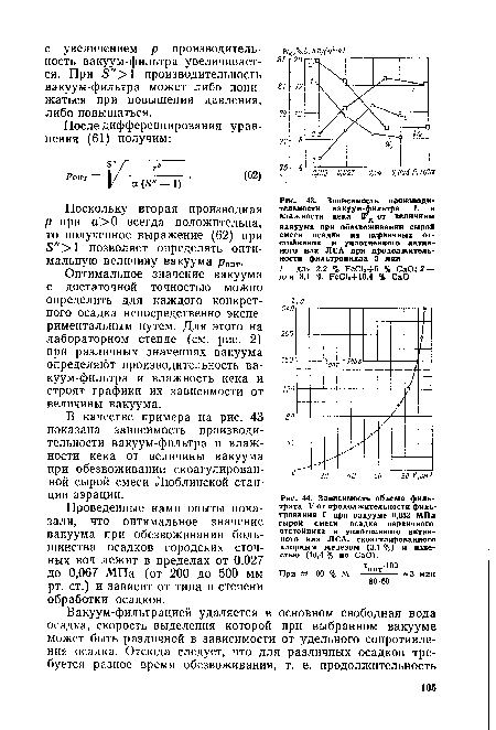 Зависимость объема фильтрата V от продолжительности фильтрования т при вакууме 0,053 МПа сырой смеси осадка первичного отстойника и уплотненного активного ила ЛСА, скоагулированного хлорным железом (3,1 %) и известью (10,4 % по СаО).