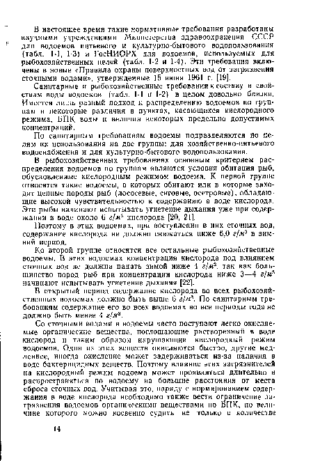 В рыбохозяйственных требованиях основным критерием распределения водоемов по группам являются условия обитания рыб, обусловленные кислородным режимом водоема. К первой группе относятся такие водоемы, в которых обитают или в которые заходят ценные породы рыб (лососевые, сиговые, осетровые), обладающие высокой чувствительностью к содержанию в воде кислорода. Эти рыбы начинают испытывать угнетение дыхания уже при содержании в воде около 6 г/м3 кислорода [20, 21].