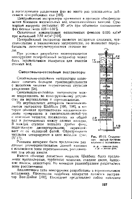 Разными авторами были предложены раз- колонна с мешалками: личные усовершенствования данной КОЛОННЫ т. ф. -тяжелая фаза; с изменением зоны перемешивания, расслаива- л-ф- легкая фаза-ния или обеих вместе.