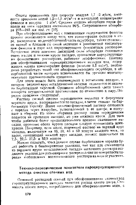 Раствор свежей щелочи периодически подается к форсункам верхнего яруса, распределяется по насадке, а затем стекает на бар-ботажную тарелку. Далее щелочно-фенолятный раствор сливается с тарелки через патрубок, установленный в ее центре, и поступает в сборник. Из этого сборника раствор снова периодически подается на орошение насадки, но уже нижнего яруса. Для того чтобы добиться более продолжительного времени смачивания насадки, орошение обоих ярусов насадки следует производить асинхронно. Например, если насос, подающий раствор на верхний ярус насадки, включается на 15, 30, 45 и 60 минуте каждого часа, то насос, орошающий нижний ярус насадки, должен включаться на 7,5-, 22,5- 37,5- и 52,5 минуте.