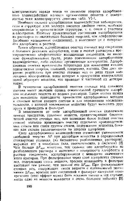 Таким образом, адсорбционная очистка сточных вод сопряжена с большим расходом адсорбентов, если в стоках растворены преимущественно алифатические насыщенные соединения, не имеющие функциональных групп, резко повышающих адсорбционное взаимодействие, либо сильные органические электролиты. Адсорбционная очистка практически непригодна для извлечения низших одноатомных спиртов, гликолей, глицерина, ацетона. Она дает хорошие результаты при очистке сточных вод от ряда групп коллоидных электролитов, ионы которых в присутствии минеральных солей образуют мицеллы, что приводит к частичной их дегидратации.