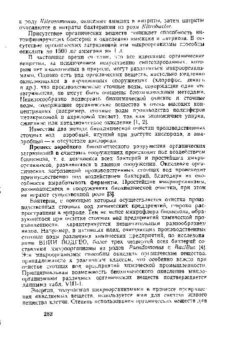 Присутствие органических веществ понижает способность нитрифицирующих бактерий к окислению аммиака и нитритов. В отсутствие органических загрязнений эти микроорганизмы способны окислить до 1500 мг аммиака на 1 л.