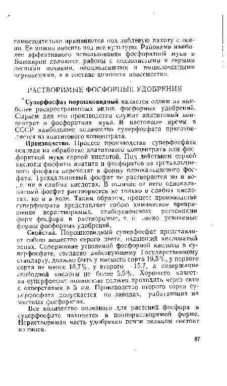 Суперфосфат порошковидный является одним из наиболее распространенных видов фосфорных удобрений. Сырьем для его производства служат апатитовый концентрат и фосфоритная мука. В настоящее время в СССР наибольшее количество суперфосфата приготовляется из апатитового концентрата.