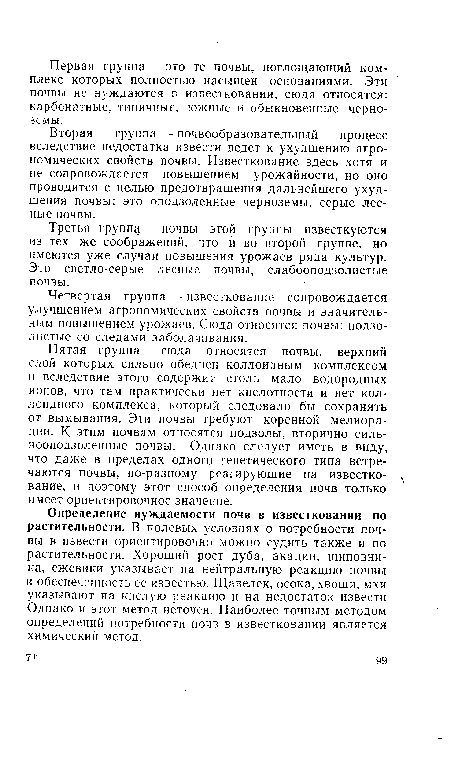 Пятая группа — сюда относятся почвы, верхний слой которых сильно обеднен коллоидным комплексом и вследствие этого содержит столь мало водородных ионов, что там практически нет кислотности и нет коллоидного комплекса, который следовало бы сохранять от вымывания. Эти почвы требуют коренной мелиорации. К этим почвам относятся подзолы, вторично силь-нооподзоленные почвы. Однако следует иметь в виду, что даже в пределах одного генетического типа встречаются почвы, по-разному реагирующие на известко- ч вание, и поэтому этот способ определения почв только имеет ориентировочное значение.