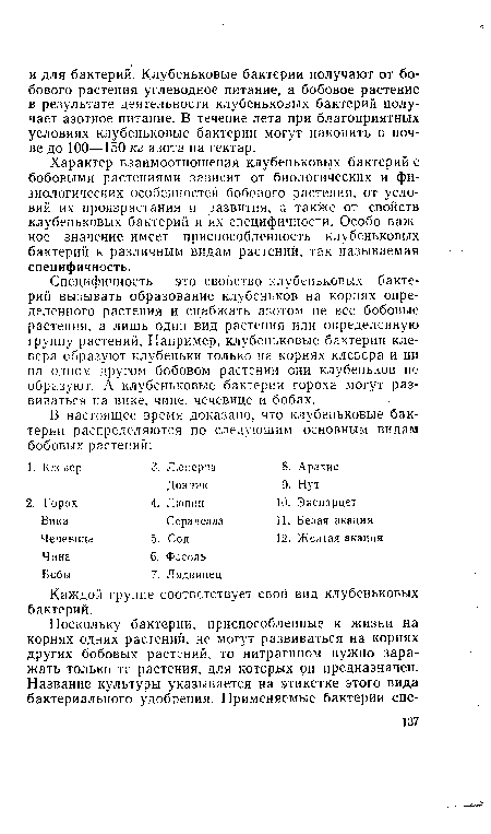 Специфичность — это свойство клубеньковых бактерий вызывать образование клубеньков на корнях определенного растения и снабжать азотом не все бобовые растения, а лишь один вид растения или определенную группу растений. Например, клубеньковые бактерии клевера образуют клубеньки только на корнях клевера и ни на одном другом бобовом растении они клубеньков не образуют. А клубеньковые бактерии гороха могут развиваться на вике, чине, чечевице и бобах.