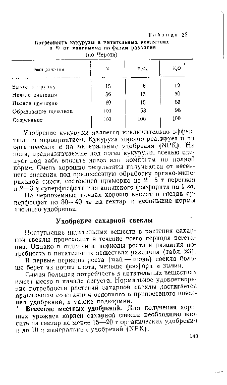 Внесение местных удобрений. Для получения хороших урожаев корней сахарной свеклы необходимо вносить на гектар не менее 15—20 т органических удобрений и до 10 ц минеральных удобрений (НРК).