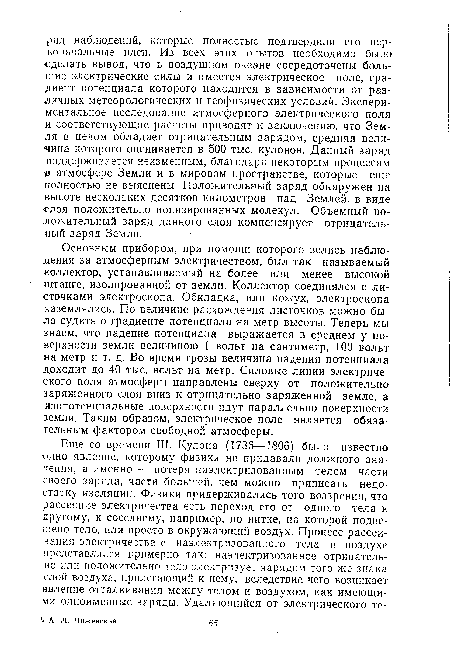 Основным прибором, при помощи которого велись наблюдения за атмосферным электричеством, был так называемый коллектор, устанавливаемый на более или менее высокой штанге, изолированной от земли. Коллектор соединялся с листочками электроскопа. Обкладка, или кожух, электроскопа заземлялись. По величине расхождения листочков можно бы ло судить о градиенте потенциала на метр высоты. Теперь мы знаем, что падение потенциала выражается в среднем у поверхности земли величиною 1 вольт на сантиметр, 100 вольт на метр и т. д. Во время грозы величина падения потенциала доходит до 40 тыс. вольт на метр. Силовые линии электрического поля атмосферы направлены сверху от положительно заряженного слоя вниз к отрицательно заряженной земле, а изопотенциальные поверхности идут параллельно поверхности земли. Таким образом, электрическое поле является обязательным фактором свободной атмосферы.