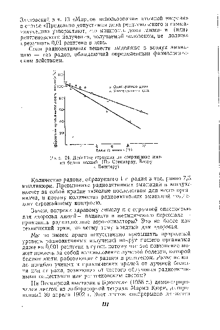 Действие стронция на сокращение жизни белых мышей. (По Стеннарду, Блэру и Бекстеру)