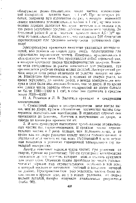 Авторы отмечают падение числа частиц при удалении от сварки, причем на расстоянии 150 см суммарная электризация снижается до тех величин, которые можно считать средними для всего цеха. Отмечено также преобладание числа положительных зарядов над отрицательными, особенно в той зоне, в которой постоянно находится рабочий и воздухом которой он дышит. Пространственное распределение частиц было исследовано в другом цехе, но и в новых условиях, на сварке мелких деталей, авторы получили аналогичные результаты (табл. 96).