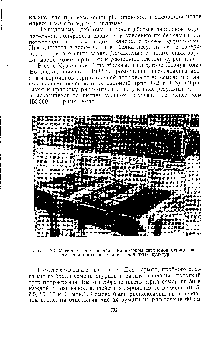 В селе Кузьминки, близ Москвы, и на хуторе Нарчук, близ Воронежа, начиная с 1932 г. проводились исследования действия аэроионов отрицательной полярности на семена различных сельскохозяйственных растений (рис. 172 и 173). Обратимся к краткому рассмотрению полученных результатов, основывающихся на индивидуальном изучении не менее чем 150 000 отборных семян.