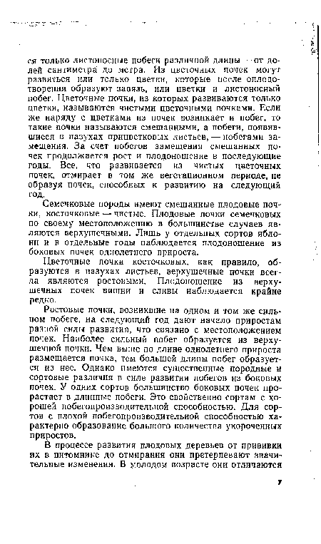 Семечковые породы имеют смешанные плодовые почки, косточковые — чистые. Плодовые почки семечковых по своему местоположению в большинстве случаев являются верхушечными. Лишь у отдельных сортов яблони и в отдельные годы наблюдается плодоношение из боковых почек однолетнего прироста.