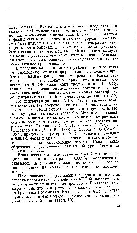 При проведении опрыскивания в один и тот же срок степень прореживающего действия АНУ бывает тем сильнее, чем выше концентрация препарата. В качестве примера можно привести результаты наших опытов на сорте Грушовка московская. Калиевая соль АНУ (КАНУ) применялась в фазу опадения лепестков — 2 июня. Возраст деревьев 20 лет (табл. 10).